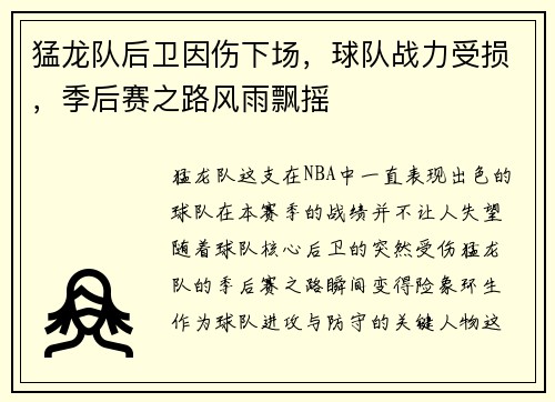猛龙队后卫因伤下场，球队战力受损，季后赛之路风雨飘摇