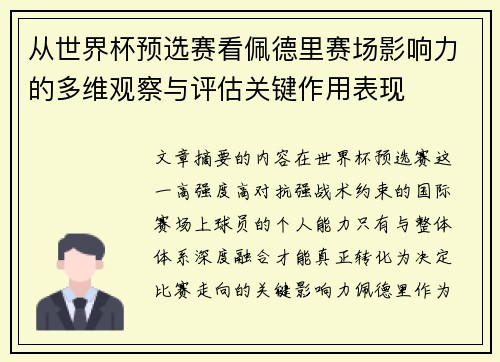 从世界杯预选赛看佩德里赛场影响力的多维观察与评估关键作用表现