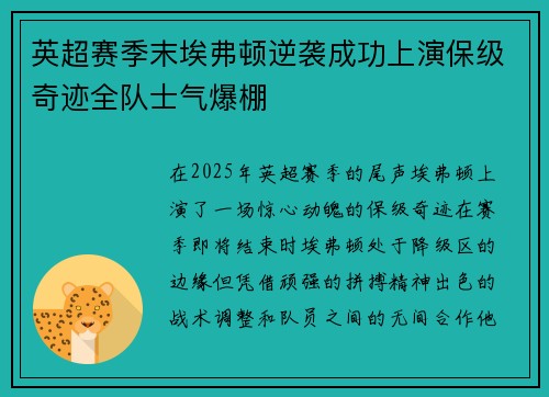 英超赛季末埃弗顿逆袭成功上演保级奇迹全队士气爆棚 英超赛季末埃弗顿逆袭成功上演保级奇迹全队士气爆棚